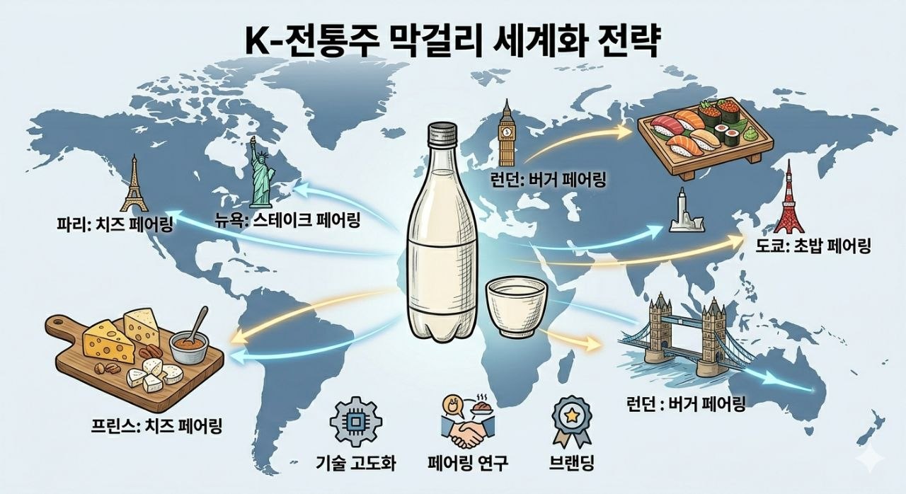 K-전통주 막걸리 세계화 전략과 글로벌 페어링 지도 이미지