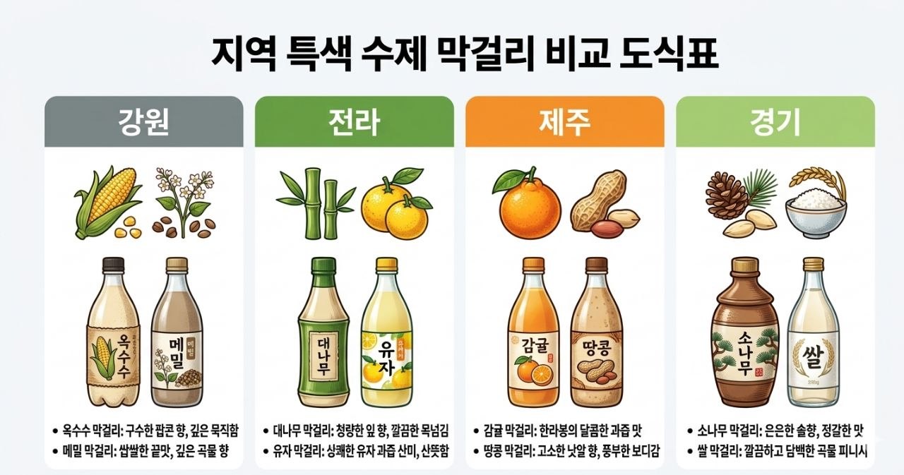 강원 전라 제주 경기 지역 특색 수제 막걸리 비교 도식표