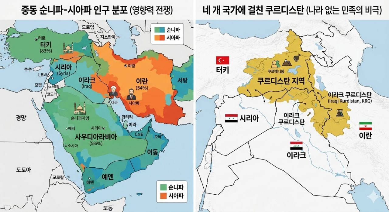 중동의 순니파 시아파 분포와 쿠르드 지역을 보여주는 지도