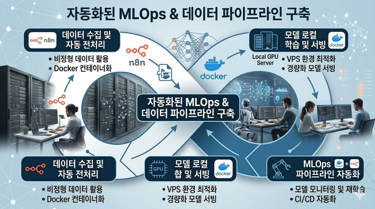 n8n과 Docker를 활용한 자동화된 MLOps 및 데이터 파이프라인 구축 개념을 설명하는 이미지