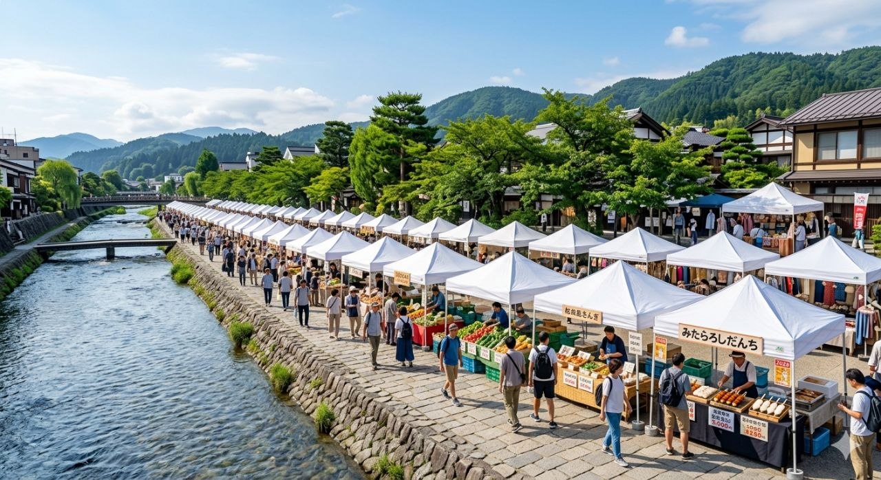 다카야마 미야가와 아침 시장 전경을 보여주는 이미지