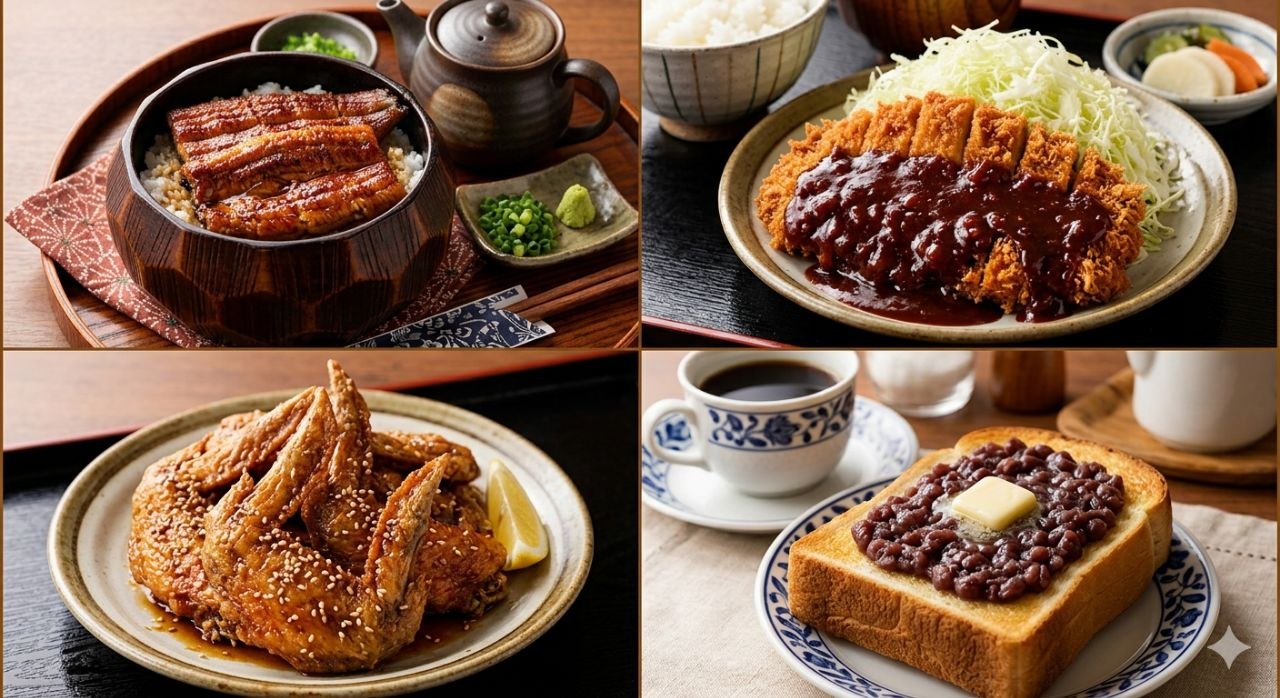 히츠마부시, 미소카츠, 테바사키, 오구라 토스트를 정리한 이미지