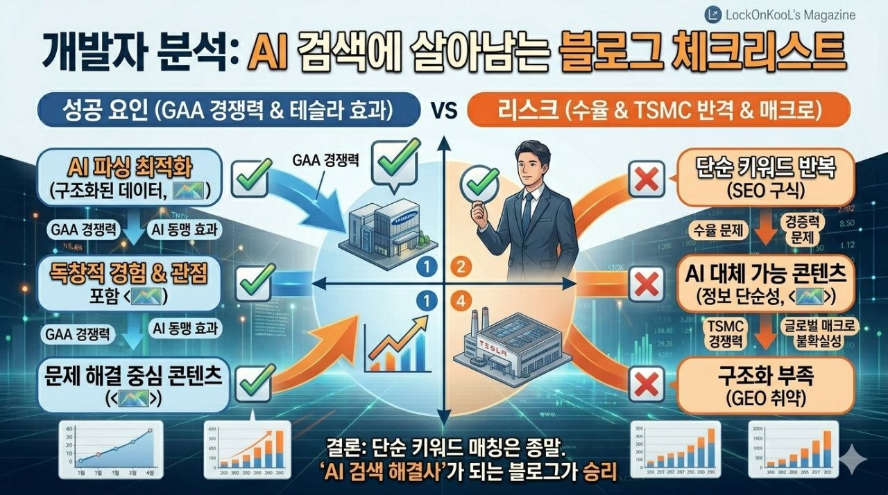 AI 검색 시대에 살아남는 블로그 체크리스트와 실패 요인을 비교한 인포그래픽 이미지