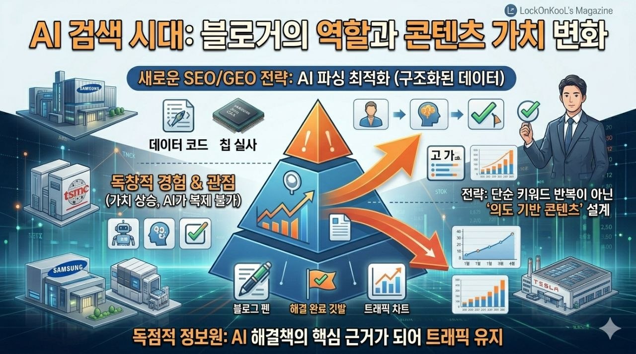 AI 검색 시대에 블로거의 역할 변화와 SEO GEO 전략을 설명하는 인포그래픽 이미지