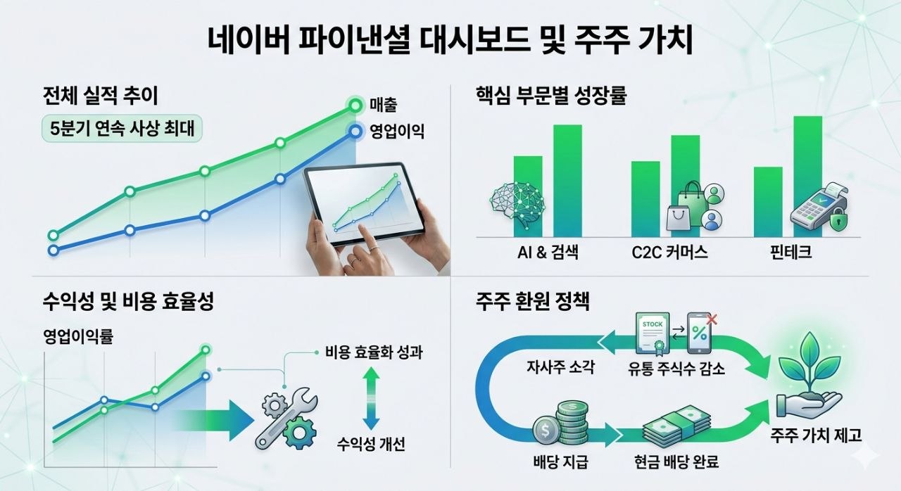 네이버의 실적 추이, AI·검색·C2C 커머스·핀테크 성장률, 주주환원 정책을 정리한 인포그래픽