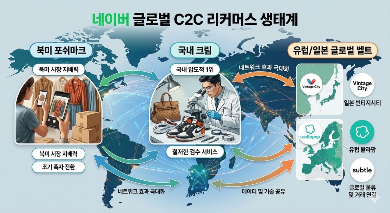 북미 포시마크, 국내 크림, 유럽과 일본의 글로벌 리커머스 벨트를 연결한 네이버 C2C 생태계 인포그래픽