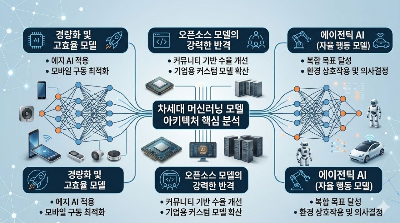 경량화 모델 오픈소스 모델 에이전틱 AI를 중심으로 차세대 머신러닝 아키텍처를 설명하는 이미지