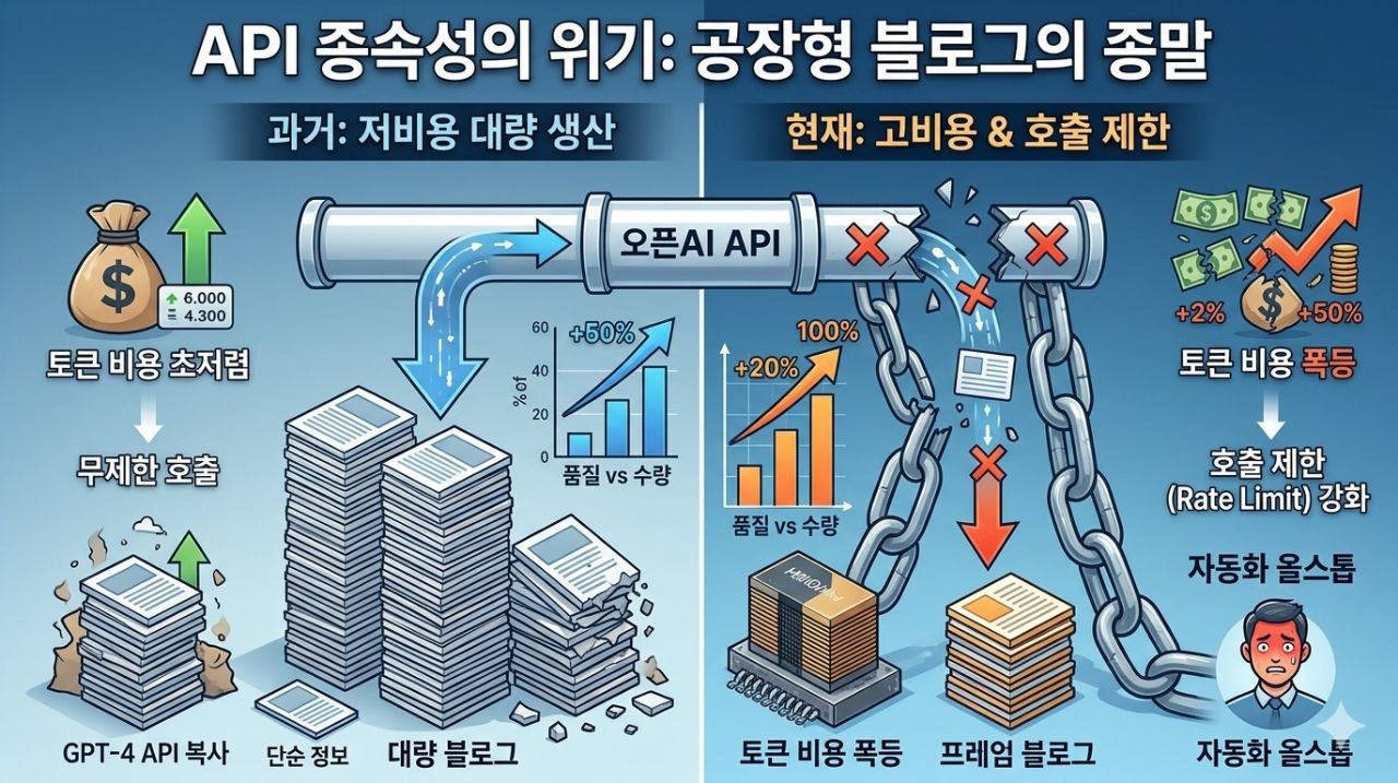 오픈AI API 비용 상승과 호출 제한이 공장형 AI 블로그에 미치는 위기를 설명하는 인포그래픽 이미지