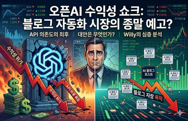 오픈AI 수익성 쇼크와 API 의존형 AI 블로그 자동화 시장 위기를 시각화한 대표 이미지