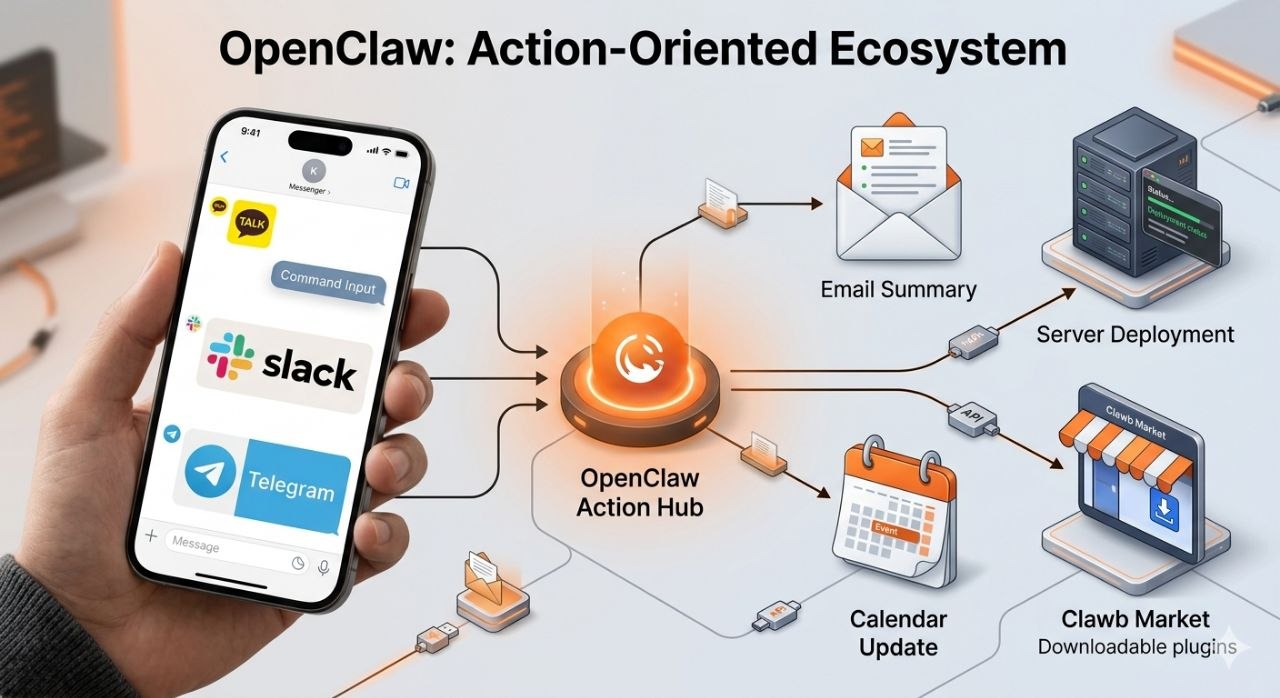OpenClaw가 슬랙 카카오톡 텔레그램 등 메신저와 연결되는 액션 지향 생태계 이미지