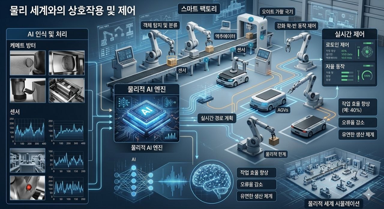 피지컬 AI가 스마트 팩토리와 로보틱스 환경에서 물리 세계를 인식하고 제어하는 모습을 보여주는 이미지