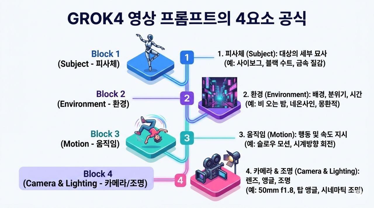 Grok4 영상 프롬프트 4요소 공식