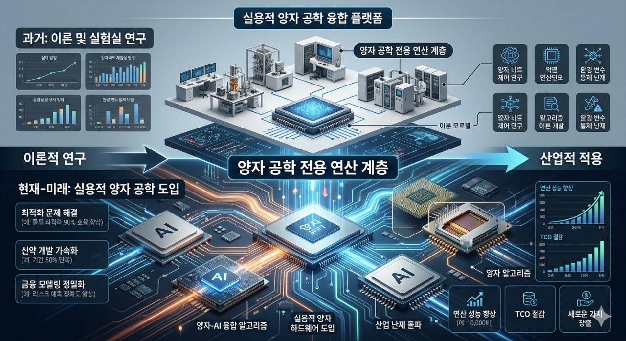 실용적 양자 공학이 AI와 결합되어 산업 적용으로 이동하는 과정을 보여주는 이미지