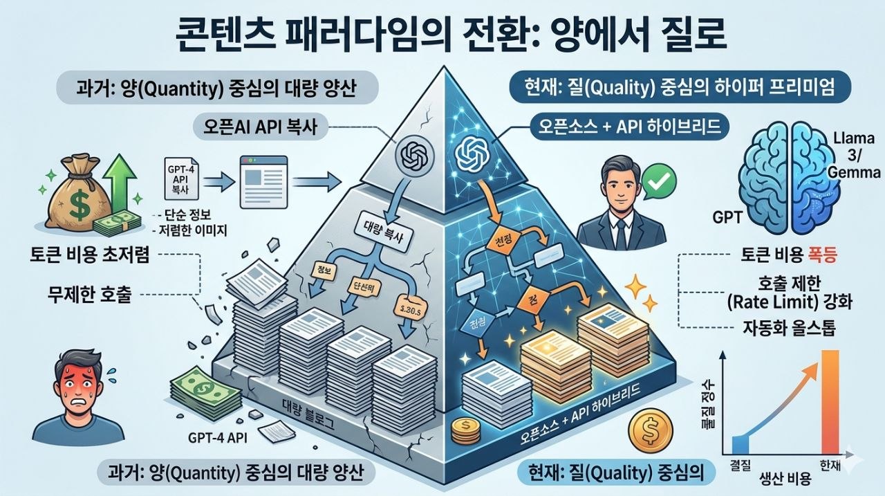AI 블로그 자동화가 대량 생산에서 고품질 프리미엄 콘텐츠 중심으로 전환되는 흐름을 설명하는 인포그래픽 이미지