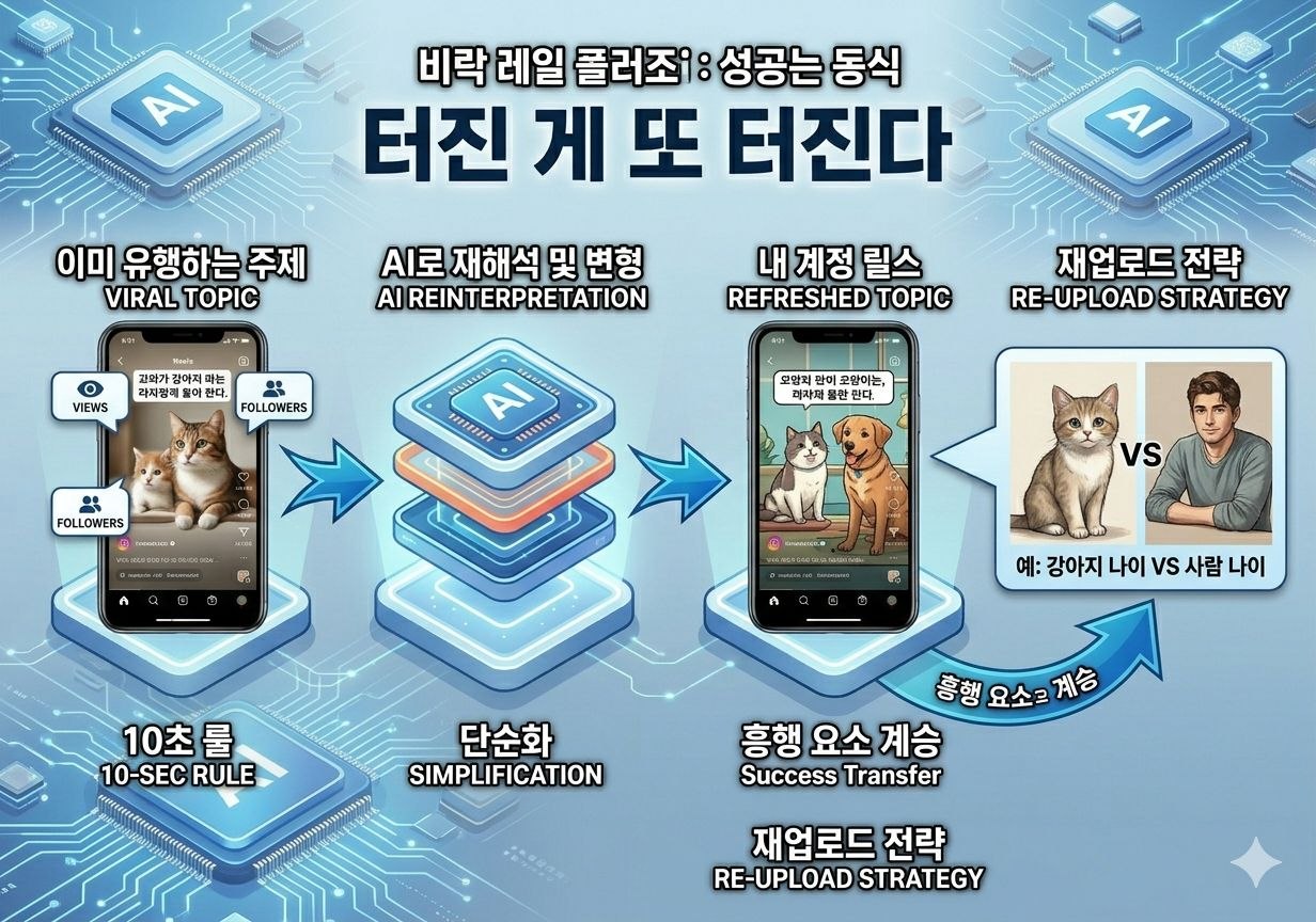 이미 유행한 주제를 AI로 재해석해 내 계정 릴스로 변형하고 재업로드 전략으로 확장하는 과정을 설명하는 이미지
