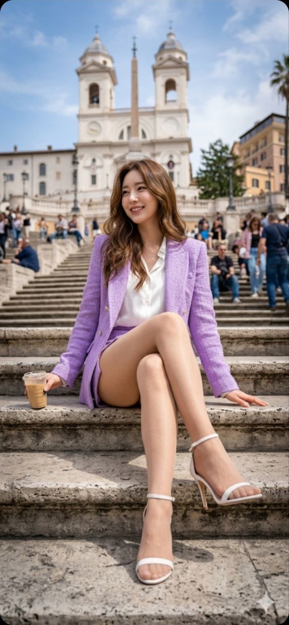 로마 스페인 계단에 앉아 커피를 들고 있는 여행자와 뒤편 트리니타 데이 몬티 성당이 보이는 이미지
