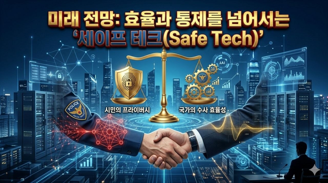 프라이버시와 수사 효율성의 균형을 보여주는 세이프 테크 거버넌스 이미지