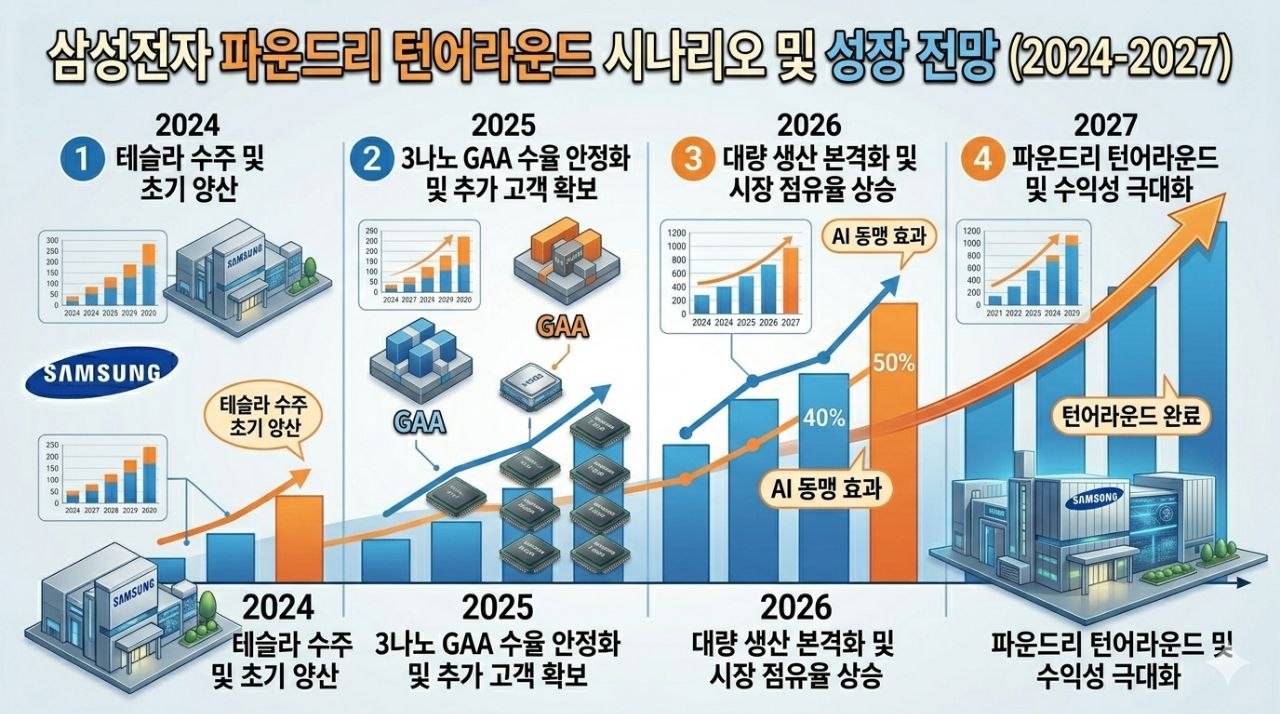 2024년부터 2027년까지 삼성전자 파운드리 턴어라운드 시나리오와 성장 전망을 보여주는 이미지