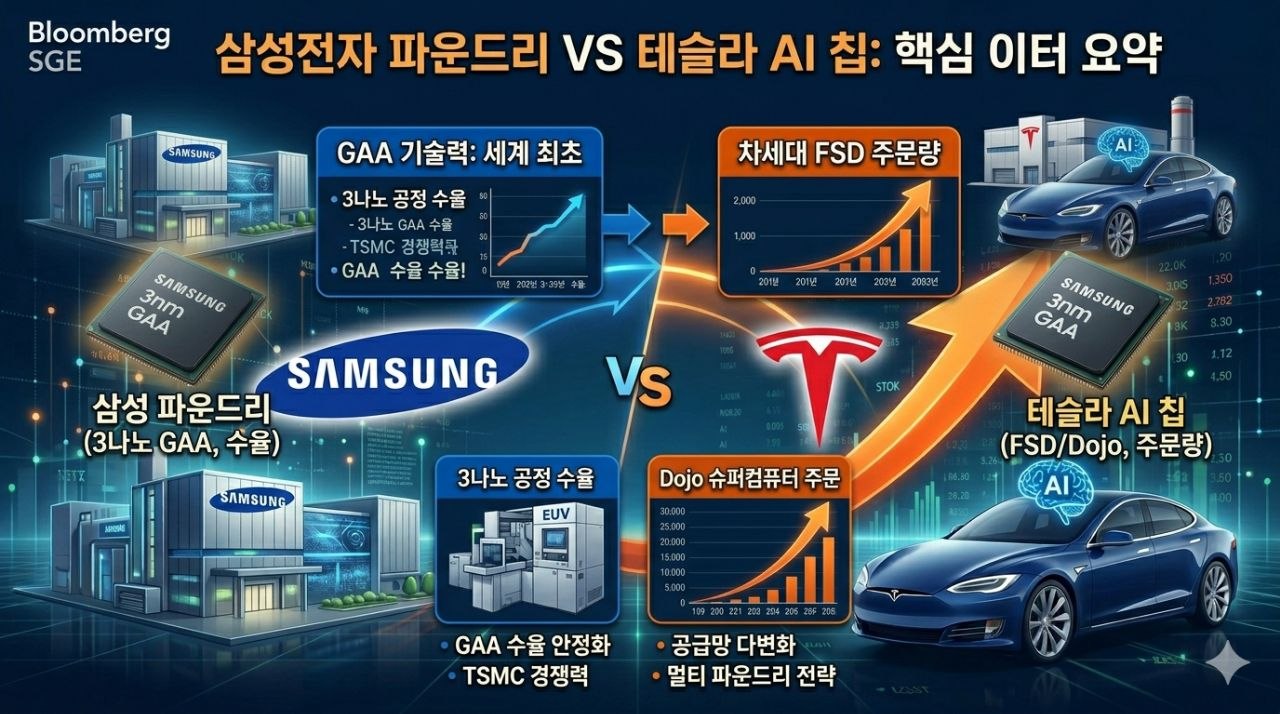 삼성전자 파운드리와 테슬라 AI 칩 관련 핵심 데이터를 요약한 이미지