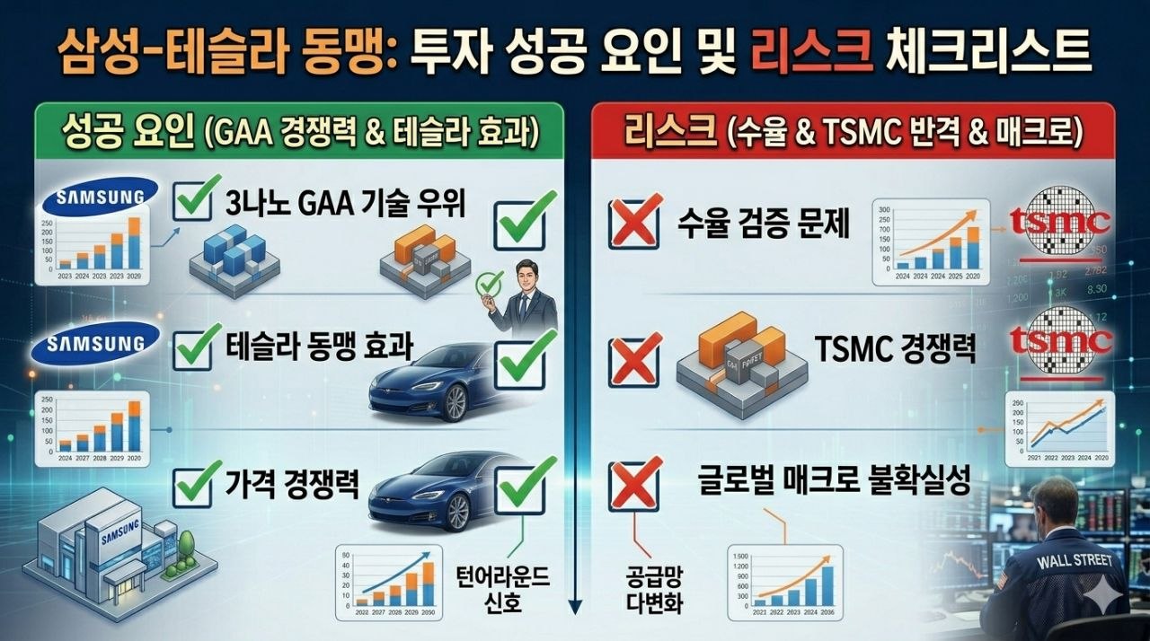 삼성전자와 테슬라 AI 칩 동맹의 성공 요인과 리스크를 정리한 체크리스트 이미지