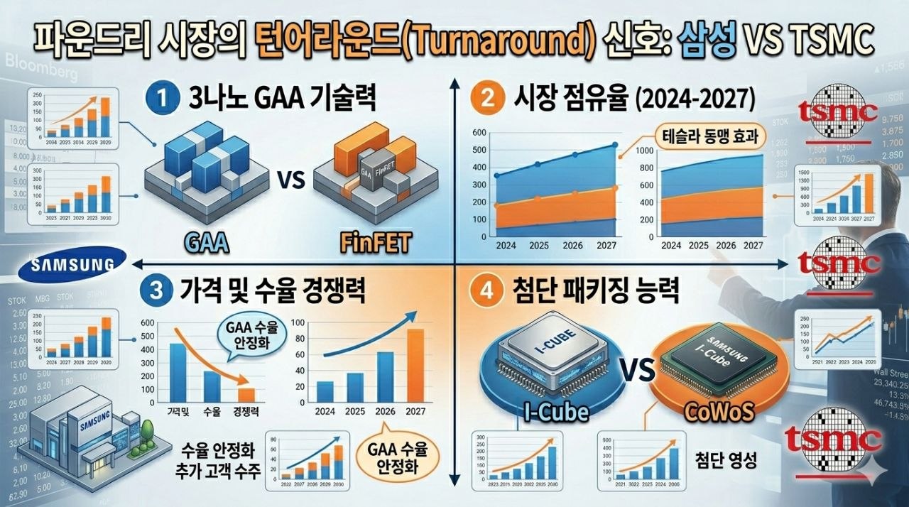 삼성전자 파운드리와 TSMC의 기술력 시장점유율 수율 패키징 경쟁을 비교한 이미지