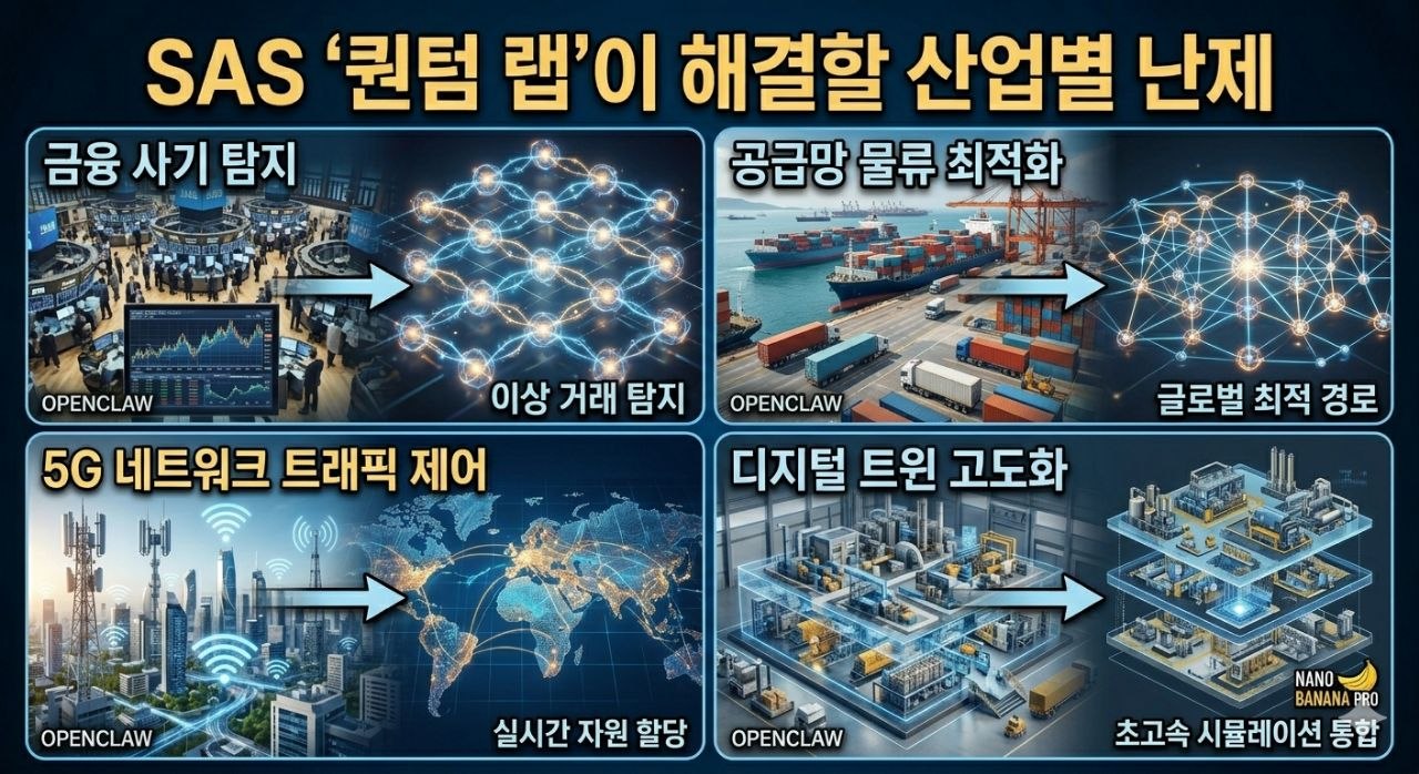금융, 공급망, 5G, 디지털 트윈 분야에서 SAS 퀀텀 랩이 적용될 수 있는 시나리오를 보여주는 인포그래픽