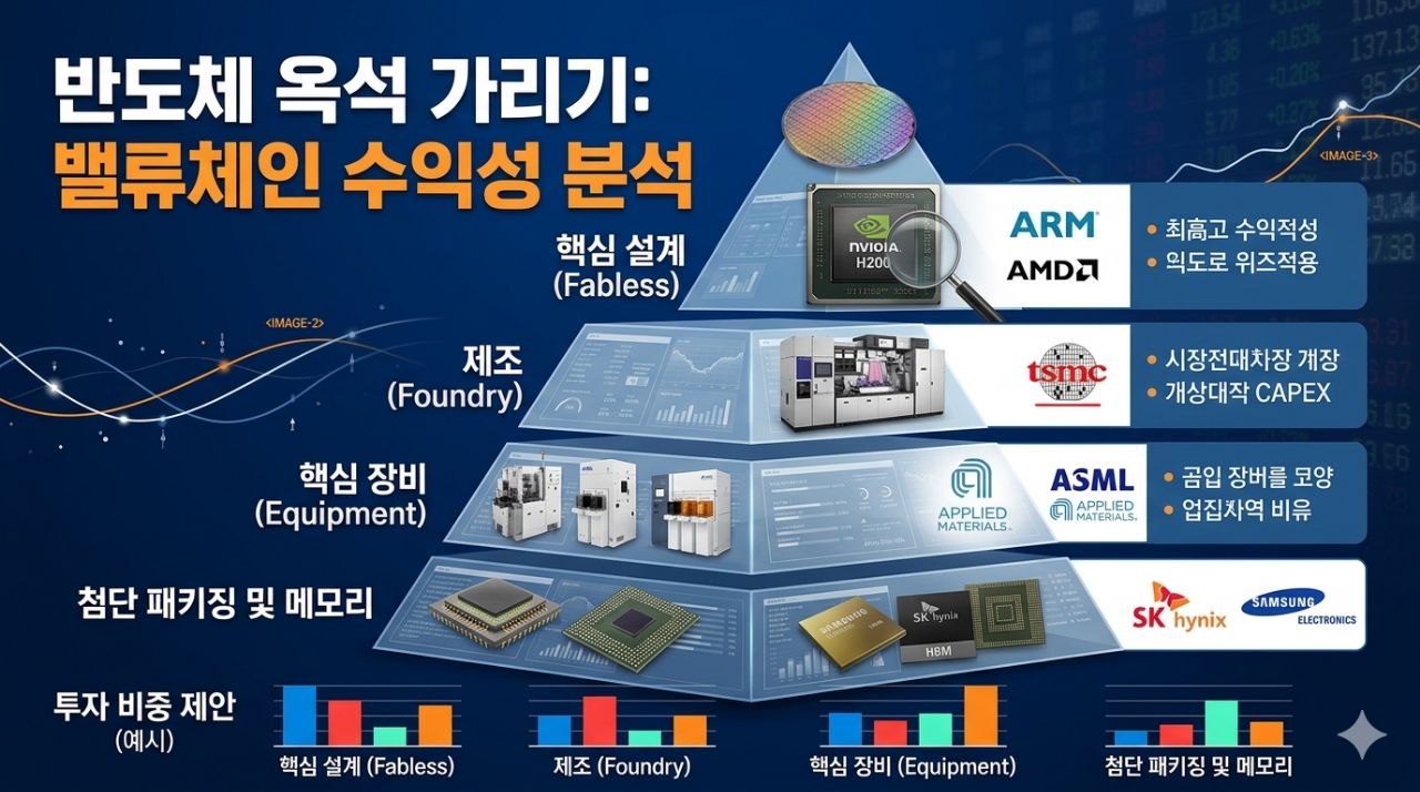 팹리스 파운드리 장비 메모리 등 반도체 밸류체인별 수익성 분석을 보여주는 이미지