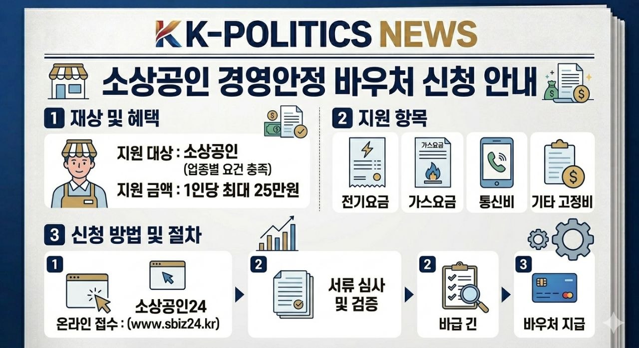 소상공인 경영안정 바우처의 대상 지원 항목 신청 절차를 요약한 이미지