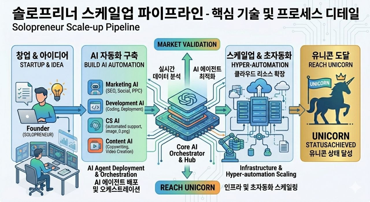 솔로프리너 스케일업 파이프라인과 초자동화 구조를 보여주는 이미지