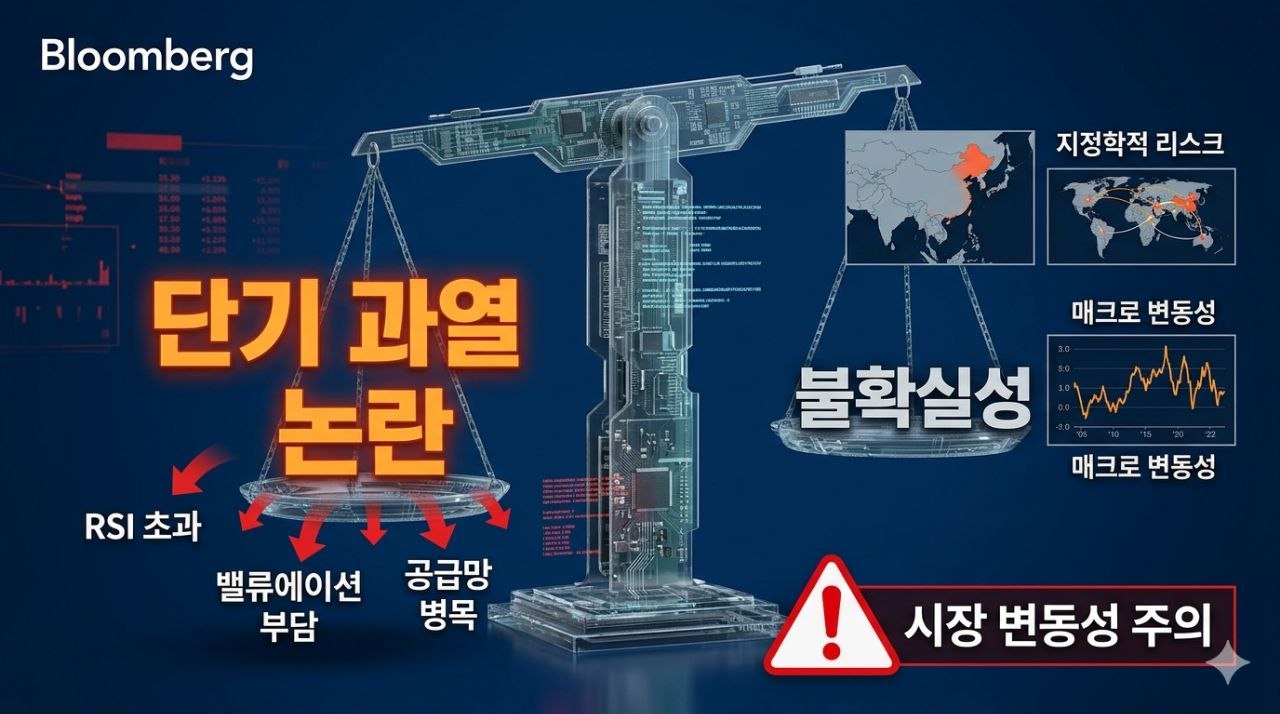단기 과열 논란과 지정학적 리스크, 공급망 불확실성을 보여주는 이미지