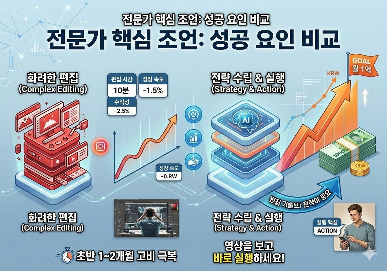 화려한 편집보다 전략 수립과 실행이 월 1억 수익에 더 중요하다는 점을 설명하는 비교 이미지