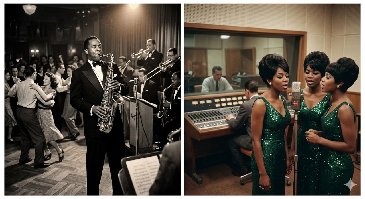 스윙 재즈 공연과 모타운 녹음 장면을 나란히 보여주는 이미지