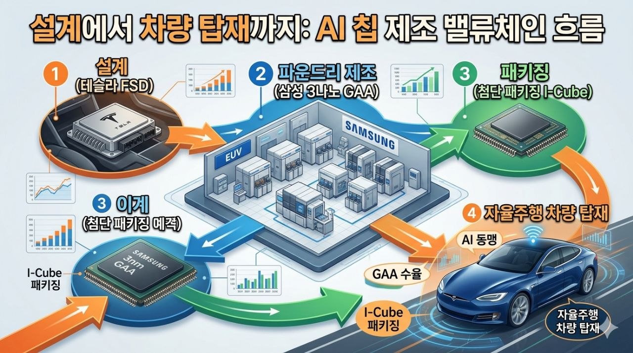 테슬라 FSD 설계부터 삼성 파운드리 제조와 첨단 패키징, 차량 탑재까지의 밸류체인 흐름 이미지