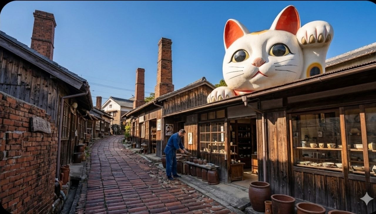 도코나메 도자기 산책길과 붉은 굴뚝, 거대한 토코냥이 보이는 이미지