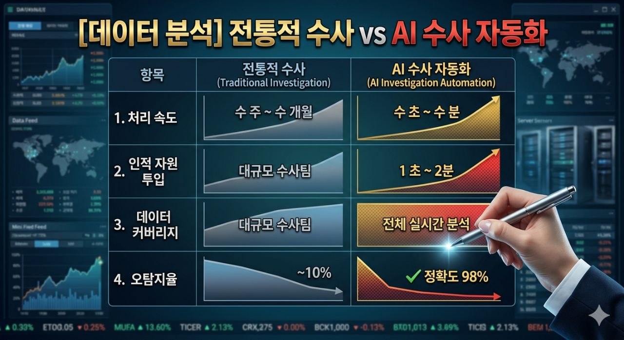 전통적 수사와 AI 수사 자동화 모델의 차이를 비교하는 데이터 분석 이미지