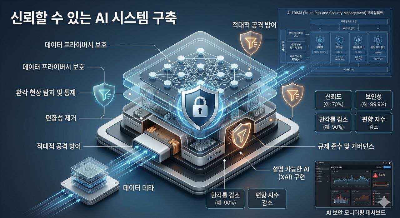 TRiSM 기반으로 데이터 프라이버시 환각 통제 적대적 공격 방어를 구현하는 AI 보안 구조 이미지