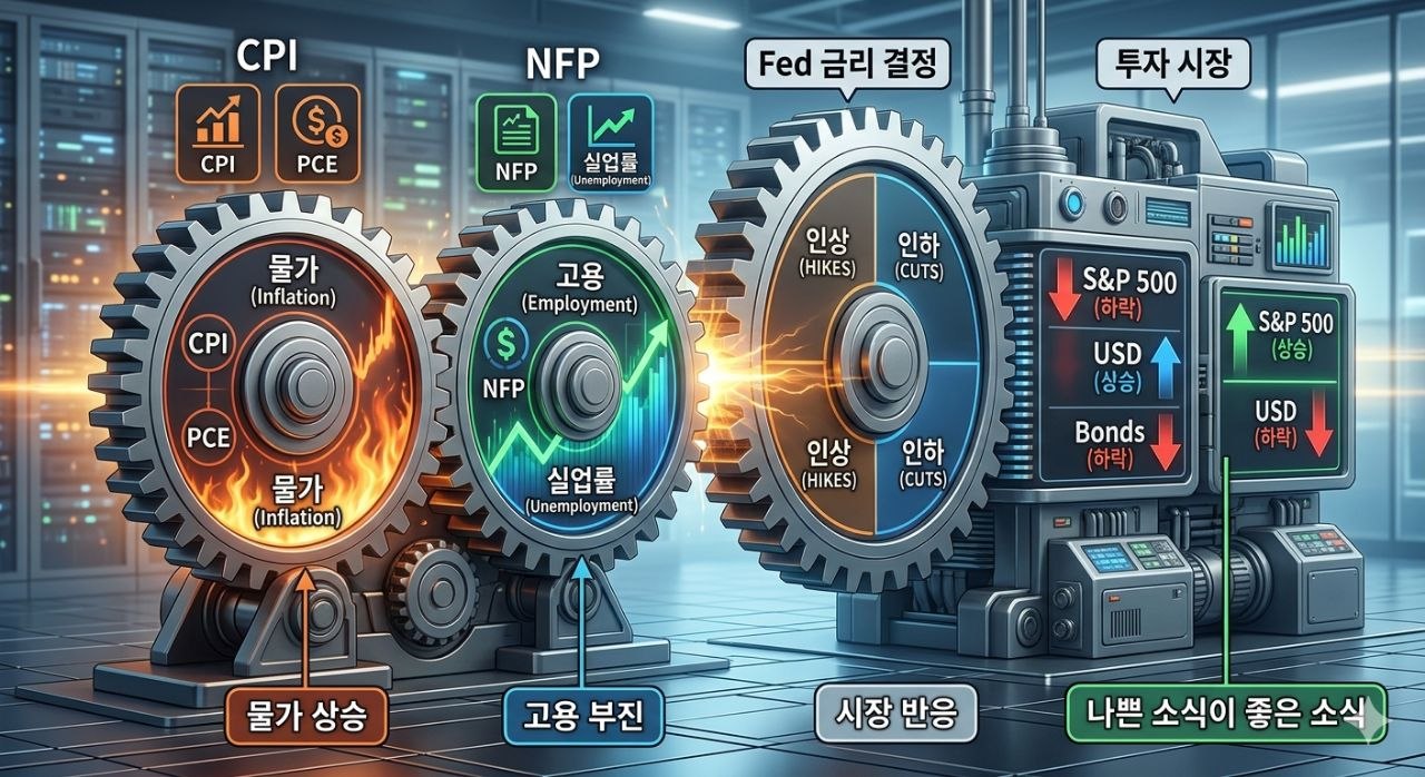 CPI NFP 연준 금리 결정과 시장 반응을 보여주는 인포그래픽