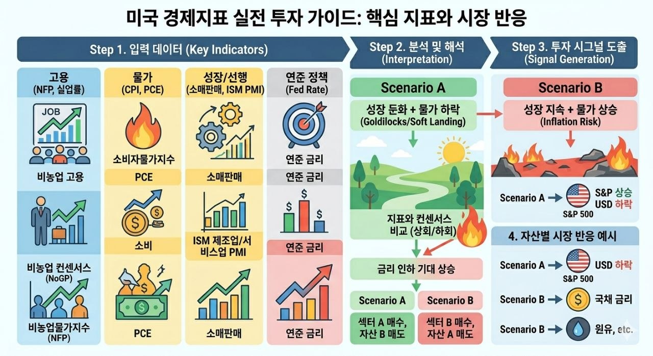 미국 경제지표 핵심 지표와 시장 반응을 정리한 투자 가이드 인포그래픽