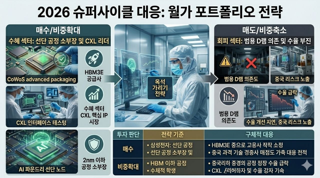 2026 반도체 슈퍼사이클에서 월가식 포트폴리오 전략과 옥석 가리기 접근을 설명하는 이미지