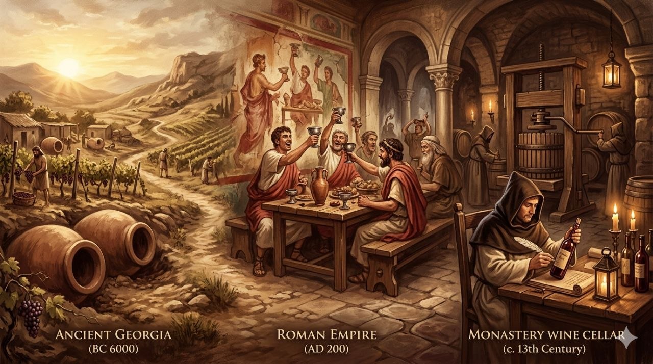 고대부터 중세까지 이어지는 와인 역사 연대표 이미지