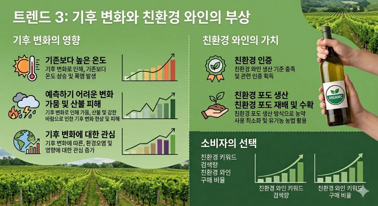 기후 변화가 와인 선택과 친환경 와인 수요 증가에 미치는 영향을 설명하는 이미지