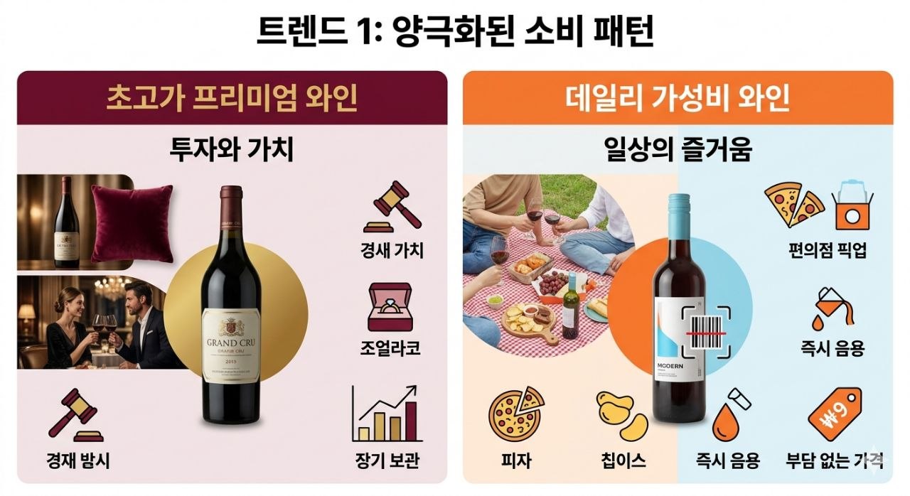 초고가 프리미엄 와인과 데일리 가성비 와인으로 양극화된 소비 패턴을 설명하는 이미지