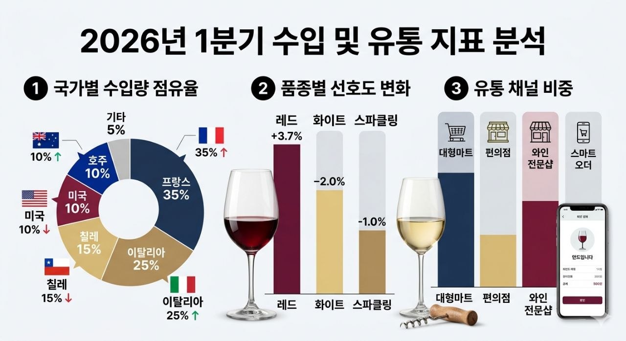국가별 수입량 점유율과 품종별 선호도 및 유통 채널 비중을 보여주는 인포그래픽