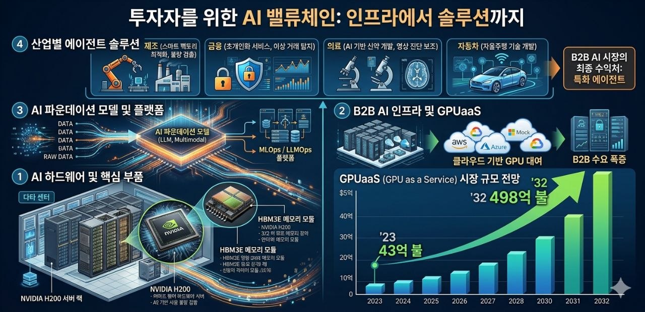 AI 하드웨어, GPUaaS, 파운데이션 모델, 산업별 에이전트 솔루션 밸류체인을 보여주는 이미지