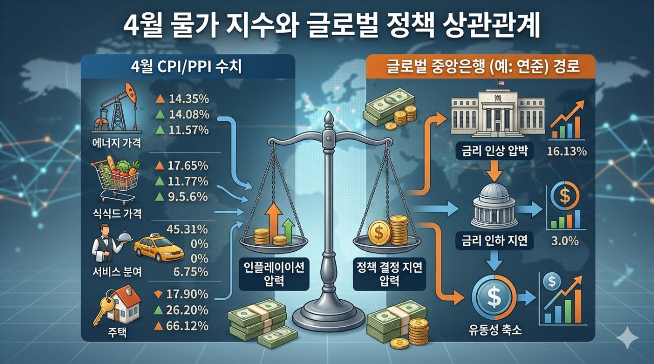 4월 CPI와 PPI가 인플레이션 압력과 중앙은행 정책 경로에 미치는 영향을 설명하는 인포그래픽