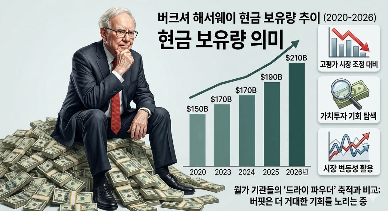 버크셔 해서웨이의 현금 보유량 추이와 그 의미를 정리한 워런 버핏 현금 전략 인포그래픽