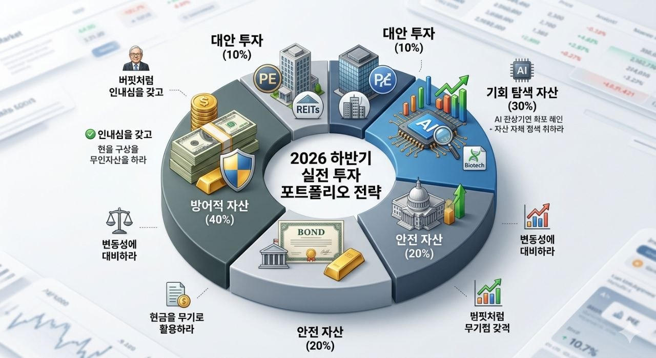 방어적 자산, 안전 자산, 기회 탐색 자산으로 나눈 2026 하반기 실전 투자 포트폴리오 전략 인포그래픽