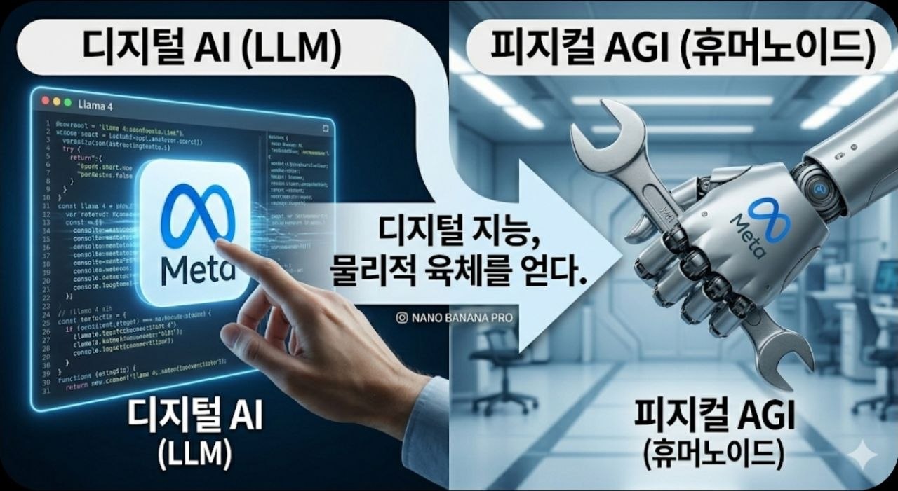 디지털 AI와 피지컬 AGI의 차이, 메타가 소프트웨어 AI에서 휴머노이드 피지컬 AI로 확장하는 흐름을 보여주는 인포그래픽