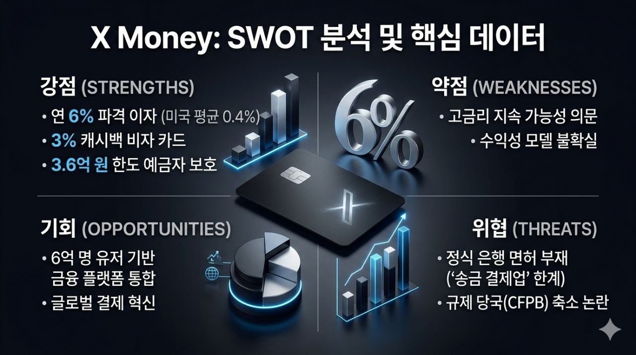 X Money의 6퍼센트 이자와 3퍼센트 캐시백, 예금자 보호 구조를 SWOT 형식으로 정리한 인포그래픽