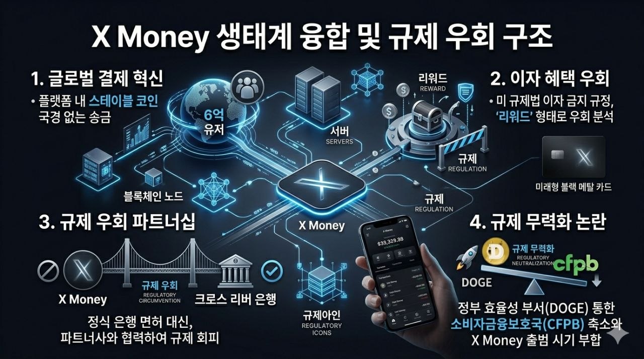 X Money와 스테이블 코인 생태계 융합, 규제 우회 구조, CFPB 논란을 정리한 인포그래픽